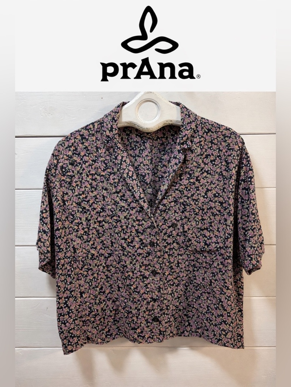 PRANA Floral Short Sleeve Blouse Navy Multi Size L